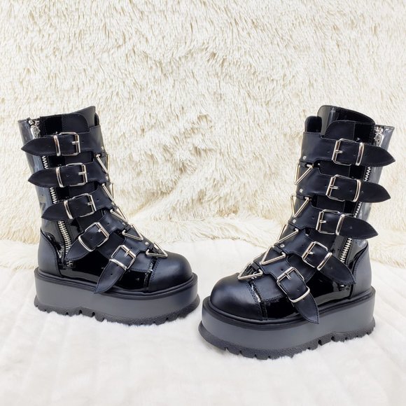 Men's Unisex Slacker Triangle Gear Goth Punk Platform Mid Calf Boots - Picture 5 of 12